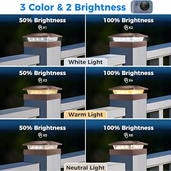 Peasur 4x4 Solar Post Cap Lights Outdoor with 3 Modes, 20 Packs Brown Fence Deck Light Solar Powered Waterproof, Wood/Vinyl Posts Top Lights for Yard Garden Patio Porch Railing Outside