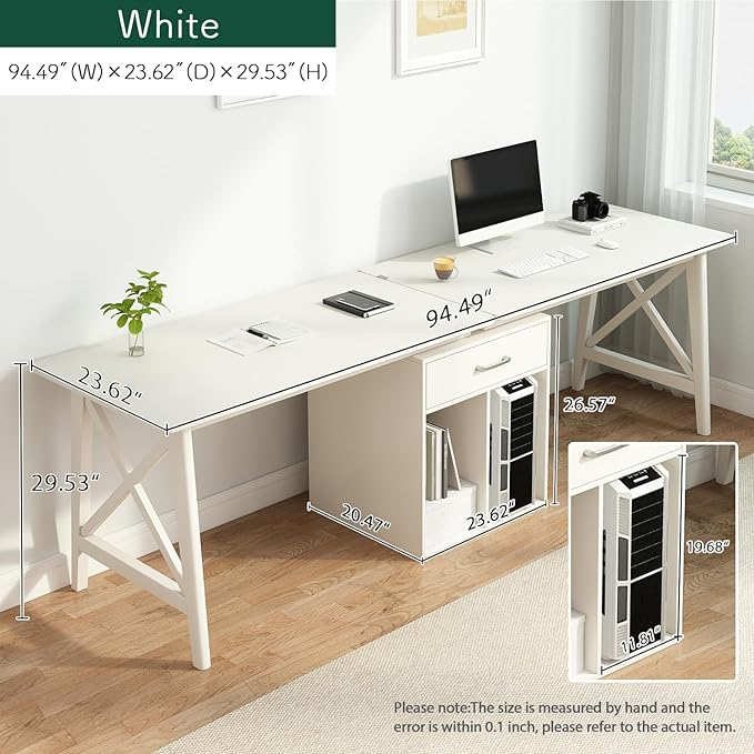 2-Person Desk with Storage Cabinet - 94" Wooden Extra Long L Shaped Table, Double Work Study Computer Workstation for Home Office, White, 94" W x 24" D