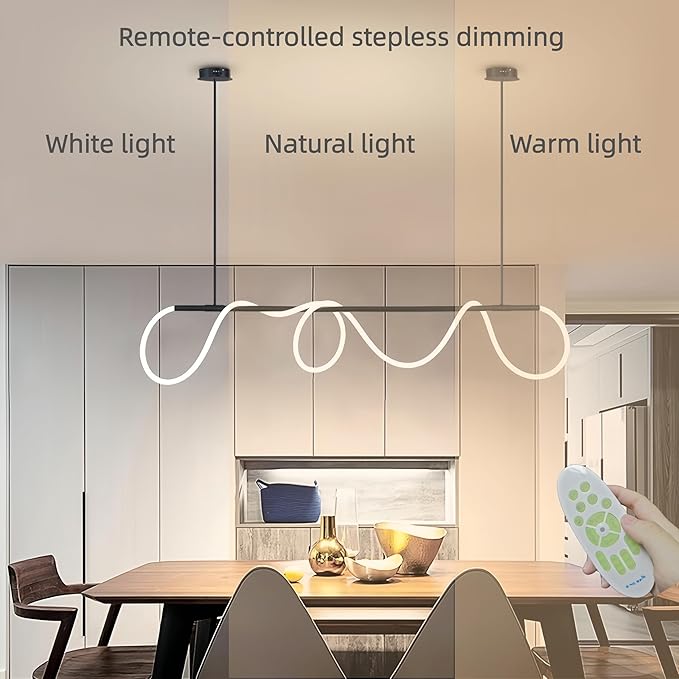 SMG Modern LED Linear Pendant Light for Dining Room, Dimmable Black Kitchen Chandelier, 59" Linear DIY Chandelier with Remote Control Stepless Dimming, Restaurant Office Long Hose Lamp