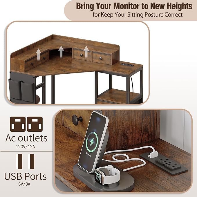 Corner Desk with 6 Fabric Drawers Shelves for Small Space Computer Desk with Power Outlets,Gaming Desk with Printer Monitor Stand Storage for Home Office Workstation Writing Table Brown