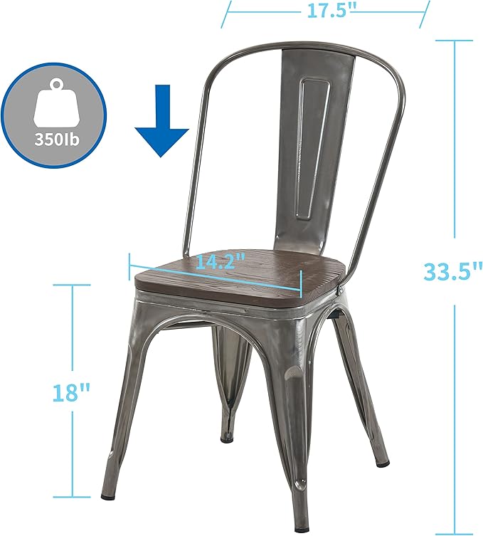 Nazhura Metal Dining Chair Farmhouse Tolix Style for Kitchen Dining Room Patio, 18 Inch, Stackable, Waterproof Indoor/Outdoor (Sets of 4) (Brushed Metal with Wood Padding)