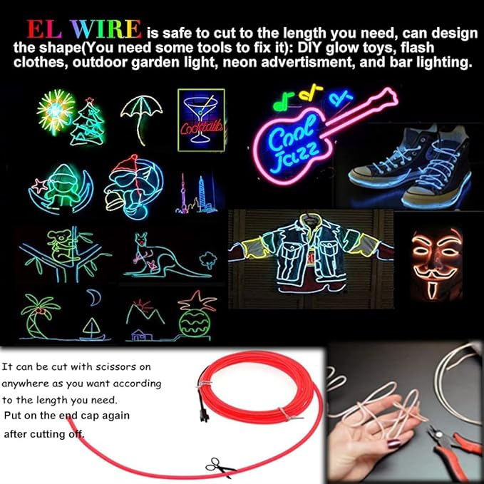 MaxLax EL Wire White 5-Pack, 9ft/2.75m Neon Light Wire with Noise Reduction and Battery Pack…