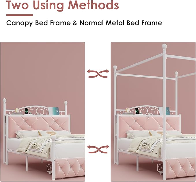 Full Upholstered Canopy Bed Frame with 2 Drawers & Crystal Tufted Storage Headboard Two-Purpose Metal Platform Bed with 4 Removable Posts & Charging Station Pink Princess Bed, Curtain Not Included