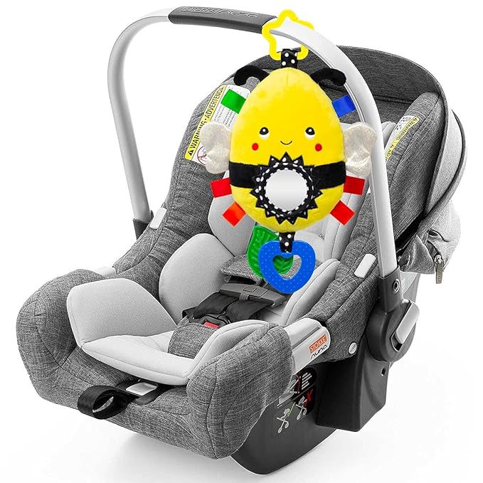 Squish 'N Play Bee Activity Toy - Multi-Sensory Learning Baby Toy - Stroller, Car Seat, Tummy Time, Teether - Baby Gift with Mirror, Rattle & Taggies