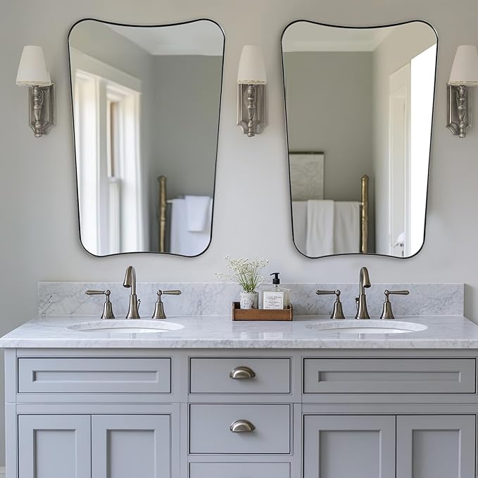 ANDY STAR Brushed Nickel Mirror, 24x36 Inch Scalloped Mirror, Unique Bathroom Mirror with Rust-Proof Stainless Steel Metal Frame, Ideal for Entryway, Powder Room