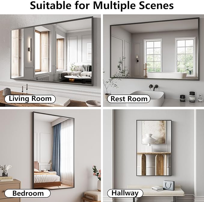 Bathroom Mirror 36x48 Black Bathroom Wall-Mounted Mirrors, Modern Vanity Mirror for Bedroom, Living Room, Aluminum Alloy Frame Allow to Hang Horizontally or Vertically