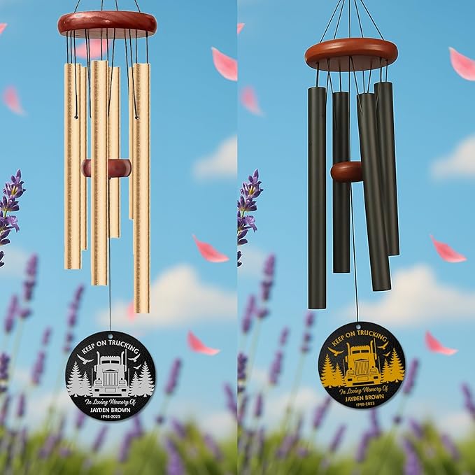 Personalized Trucker Memorial Wind Chime – “Keep On Trucking” Custom Name & Years – Outdoor Sympathy Gift for Truck Driver Families – Memorial Windchimes for Loss of Loved One – Remembrance Décor