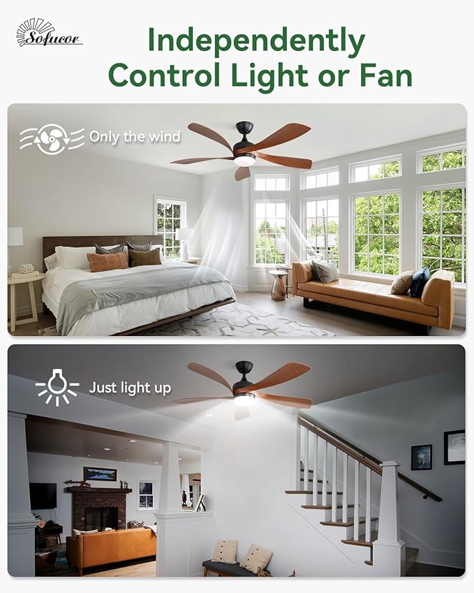 Sofucor 52 Inch Ceiling Fans with Lights and Remote, Outdoor Ceiling Fan with Light 6-Speed 3 CCT 3-Timer, Low Profile Ceiling Fan 5 Blade Reversible DC Motor for Living Room Bedroom Patio