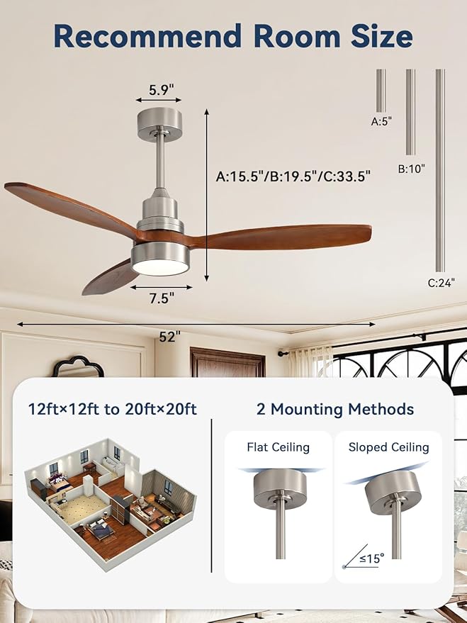 Sofucor 52 inch Solid Wood Ceiling Fan with Light, Quiet 6-Speed 3 Blades Reversible LED Ceiling Fan, Modern Rustic Fan with Dimmable Light for Living Room Bedroom Home Office Cafe Patio Porch