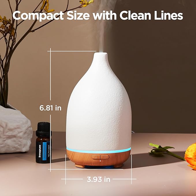 InnoGear Oil Diffuser, 150ML Ceramic Diffuser for Essential Oils Handcrafted Aromatherapy Diffuser Ultrasonic Cool Mist Humidifier with 2 Mist Modes Waterless Auto Off for Room Office, White