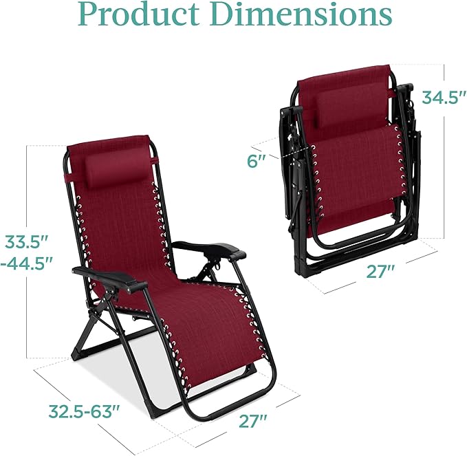 Best Choice Products Oversized Zero Gravity Chair, Folding Outdoor Patio Recliner, XL Anti Gravity Lounger w/Removable Cushion, Cup Holder, Side Tray, 350lb Capacity - Burgundy