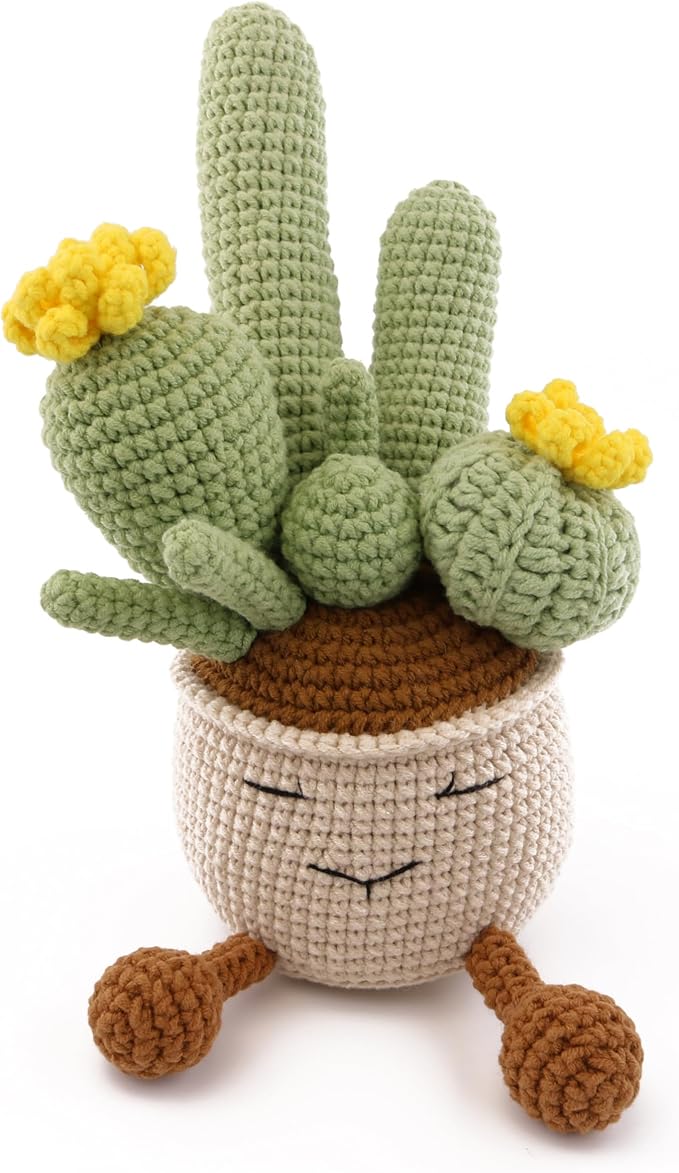 Crocheted Plant Cactus, Hand-Knitted Cactus Potted Plants Cute and Interesting Positive Gifts Suitable for Room Office Desktop Classroom Bookshelf Decoration (Yellow)