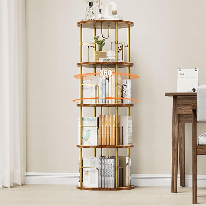 Rotating Bookshelf, 4 Tier Spinning Bookshelf Tower, 360° Display Unique Round Bookcase, Floor Standing Corner Revolving Bookshelf Storage Organizer for Small Spaces, Home Study Office, Gold