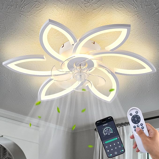 Flower Modern Ceiling Fans with Lights, Low Profile Ceiling Fan with Remote for Bedroom, Flush Mount Ceiling Fan with LED Dimmable Light,3-Colors, 6-Speeds, Timing CeilingFan Lights-White