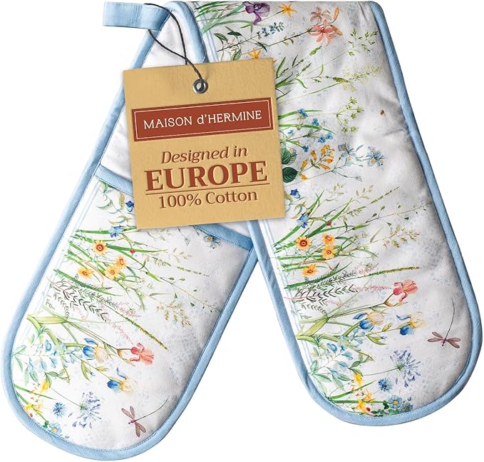 Maison d' Hermine Double Oven Mitts 100% Cotton 7"x35" Double Oven Mitt Heat Resistant BBQ Cooking Gloves with Loop, Baking, Grilling, Home, Kitchen, Handling Hot Pans Spring Summer (Fleurs De Mai)
