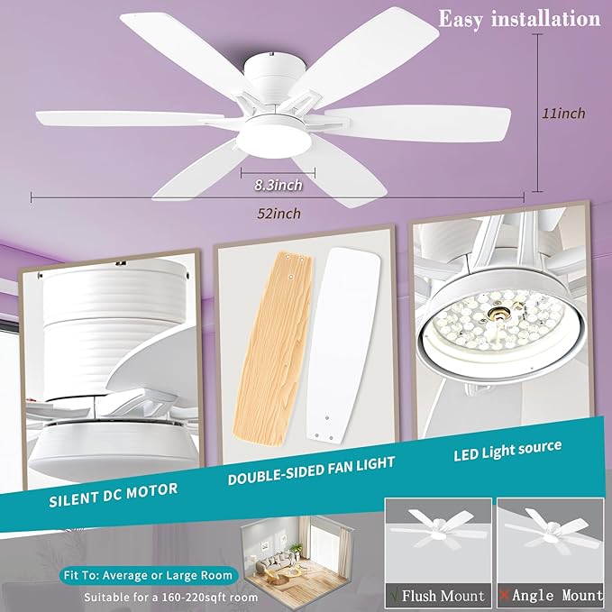52inch White Ceiling Fans with Lights and Remote/App Control, Low Profile Ceiling Fan with Light and 6 Double-Side blades, Flush Mount, LED/RGB Dimmable DC Reversible Modern Ceiling Fan for