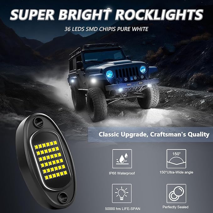 Rock Lights Ultra Bright LED Neon Underglow Lights Waterproof for Trucks Pickup SUV UTV ATV RZR Car Boats Motorcycle (White, 16 Pods+ 33ft Wire Harness)