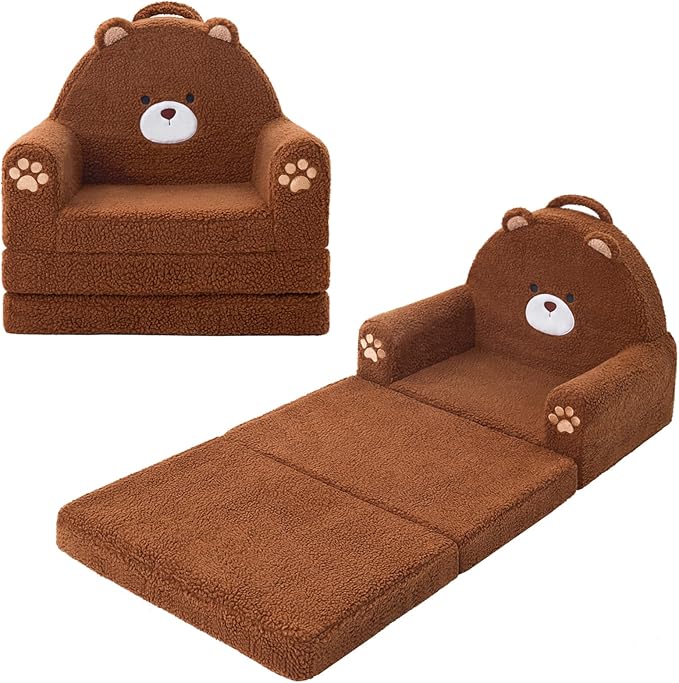 MOONBEEKI 2-in-1 Foldable Toddler Couch, Soft Sherpa Fabric with Washable Cover, Convertible Sofa to Lounger, Kids Sofa for Playroom, Bedroom, Living Room, Birthday Gift, Ages 1-3, Bear, Medium