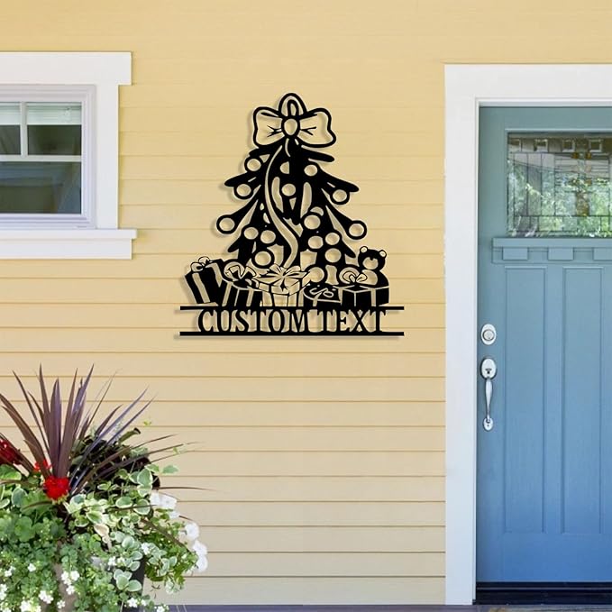 Personalized Christmas Tree Metal Sign, Custom Signs Outdoor Metal Wall Decor, Merry Christmas Tree Signs Wall Decoration for Home Living Room, Bedroom, Office, Garden, Porch