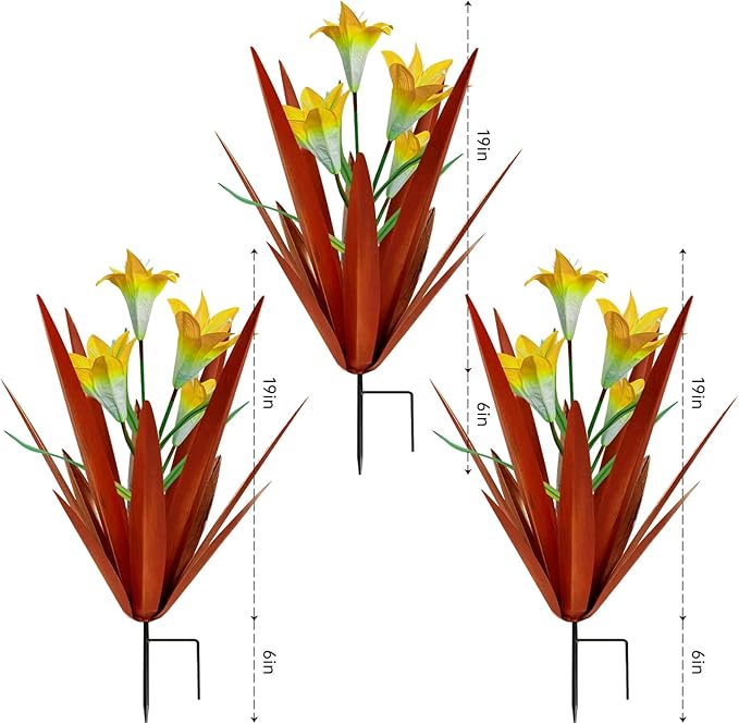 Homight Metal Agave Plant Outdoor Decoration Lily Mexican Yard Art Garden Gift Home Decor Hand Painted Metal Agave Garden Yard Statue, Outdoor Lawn Ornaments(3 Big Yellow Lilies)
