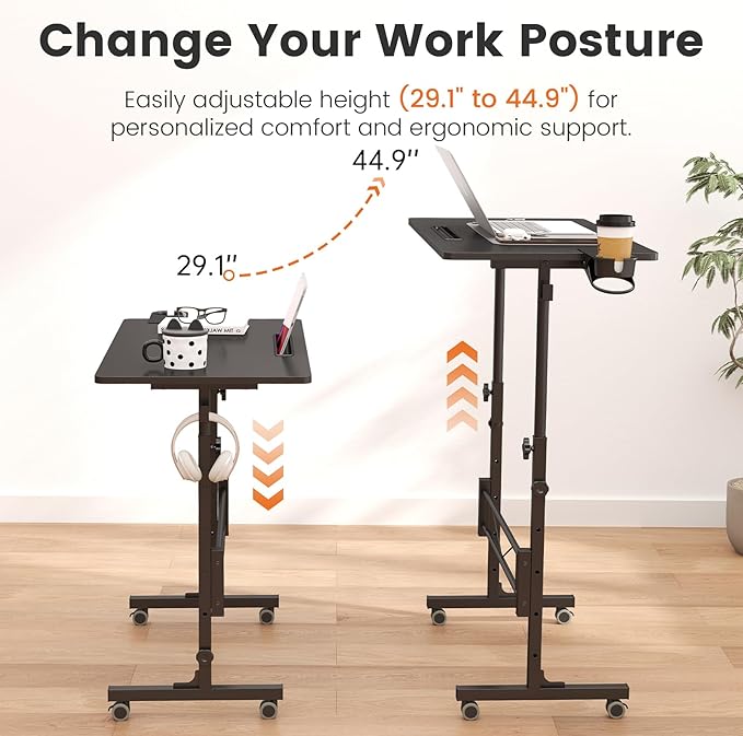 Hadulcet Small Standing Desk Adjustable Height, Mobile Stand Up Desk with Wheels, Portable Walking Pad Table Stand, Rolling Laptop Cart for Standing or Sitting, Black
