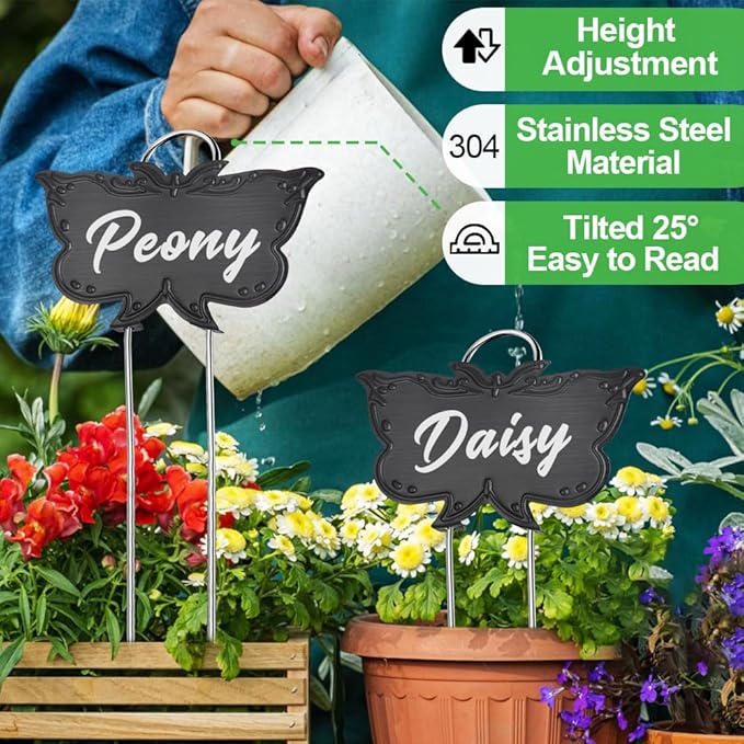 Metal Plant Labels, Tall Outdoor Butterfly Garden Markers for Flowers, Fruits and Vegetables, 304 Stainless Steel Weatherproof Signs (25 Packs, 4" x 2.3", Black Butterfly Design)