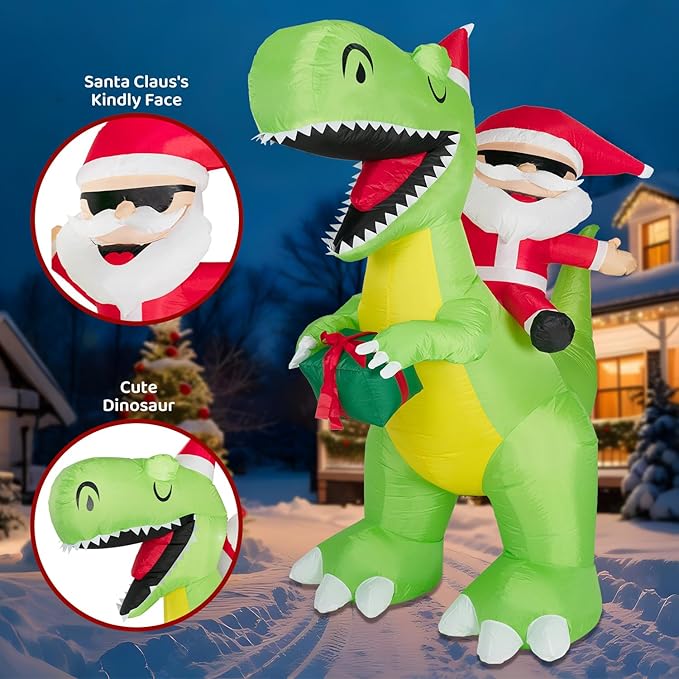 ININ 8FT Christmas Inflatables Santa Claus Riding Dinosaur Decorations Outdoor,Christmas Blow Up Santa Claus Yard Decorations Built-in LED Lights,Holiday Party Decor,for Yard/Lawn/Garden.