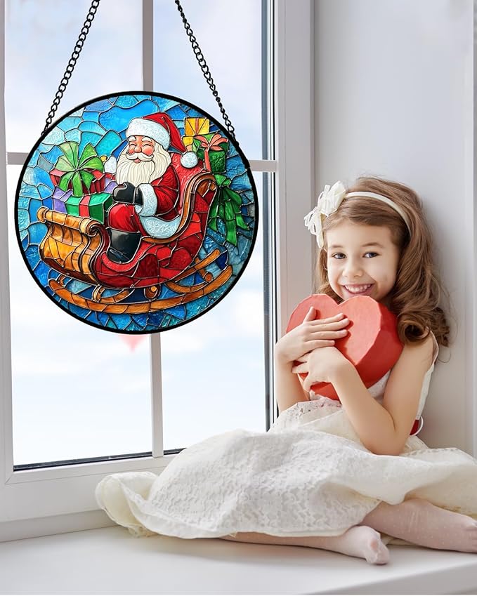 Stained Glass Window Hanging - Red Santa Claus Gift Box Suncatcher for Doors Home Christmas Decoration Winter Sun Catcher Thanksgiving New Year Birthday Gift for Women Men Mom Nana 15 in