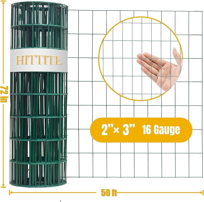 Green PVC Coated Welded Wire Fencing, 72in High x 50ft Long, 2 inch x 3 inch 16GA 2/3/4/5/6 Ft Tall Welded Wire Fence Rolls, Green Metal Garden Fence Wire Roll Garden Fencing for Yard