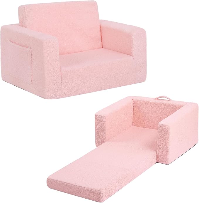 Welnow Toddler Chair, 2-in-1 Soft Sherpa Kids Sofa, Convertible Toddler Couch Lounger, Flip Out Kids Couch Chair with Side Pockets & Removable Cover for Girls and Boys, Pink