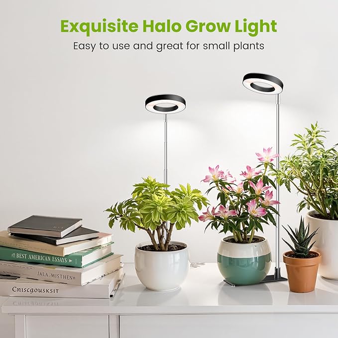 Kullinss Grow Light, 48 LEDs Full Spectrum Plant Lights for Indoor Growing, Halo Plant Light with 3/9/12H Timer, 3 Color Modes, 10 Brightness, Height Adjustable Grow Lamp for Small Plants (2 Pack)