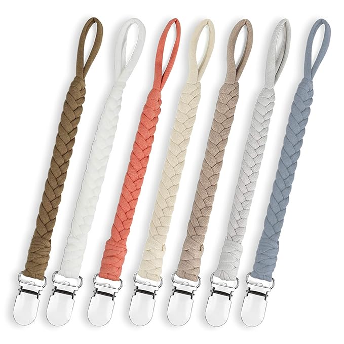 7 Pcs Braided Pacifier Clips for Boys and Girls, Pacifier Holder Baby Binky Clips Handmade Cotton Modern Unisex Pacifier Smoother Clip Fits All Pacifiers for Shower Birthday Gifts