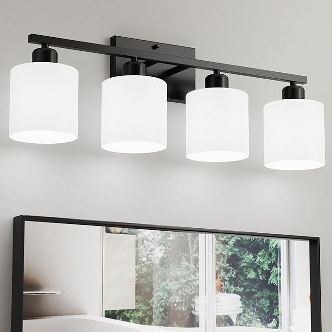 Black Vanity Lights for Bathroom, Anti-rust 4-Light Bathroom Light Fixtures Over Mirror, Modern 24Inches Wall Sconces, Eye-caring Milky White Glass Shades, Standard E26 Base, Bulbs Not Included