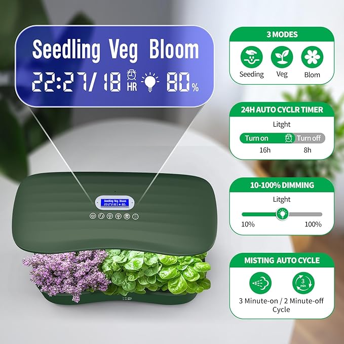 Hydroponics Growing System Kit Indoor: Aeroponics Herb Garden Kit 15 Pods, 3 Grow Modes, 24H Timer Hydroponic Gardening System, Quiet Smart Water Pump Hydroponic Planter For Home Kitchen Office