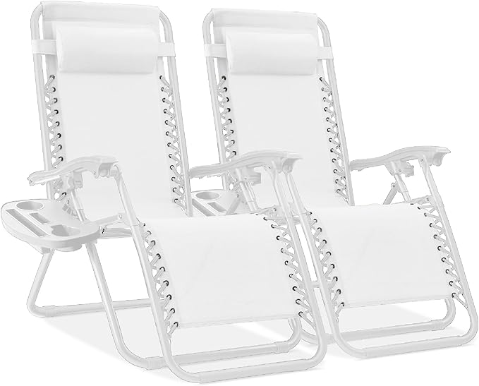 Best Choice Products Set of 2 Adjustable Steel Mesh Zero Gravity Lounge Chair Recliners w/Pillows and Cup Holder Trays - Snow