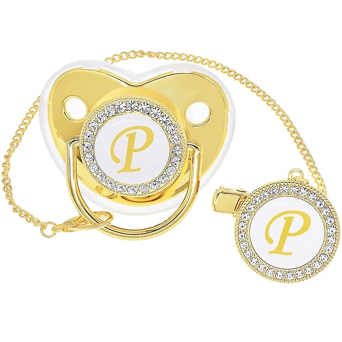 Bling Personalized Golden Baby Pacifier with Pacifier Clips and Anti-dust Cover A-Z 26 Letters(Gold,P)