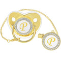 Bling Personalized Golden Baby Pacifier with Pacifier Clips and Anti-dust Cover A-Z 26 Letters(Gold,P)