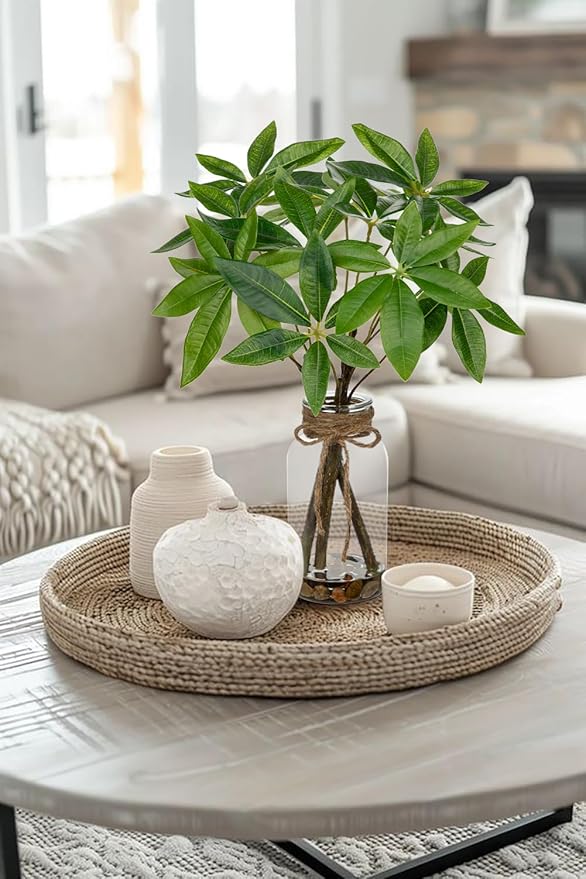 Faux Greenery Stems in Vase Aritificial Money Tree Plant in Glass Vase with Faux Water & Stones 14.2" Small Potted Plants Arrangement Centerpieces for Farmhouse Kitchen Dinner Tables Greenery Decor