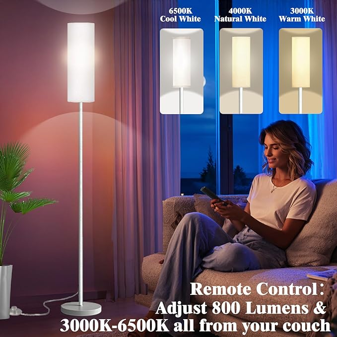Qaubauyt Smart LED Floor Lamp with APP Control & RGB Colors - Dimmable Standing Lamp for Living Room, Bedroom, Gaming - Remote, Timer, 9W Bulb Included, 67" Modern Tall Lamp (White)