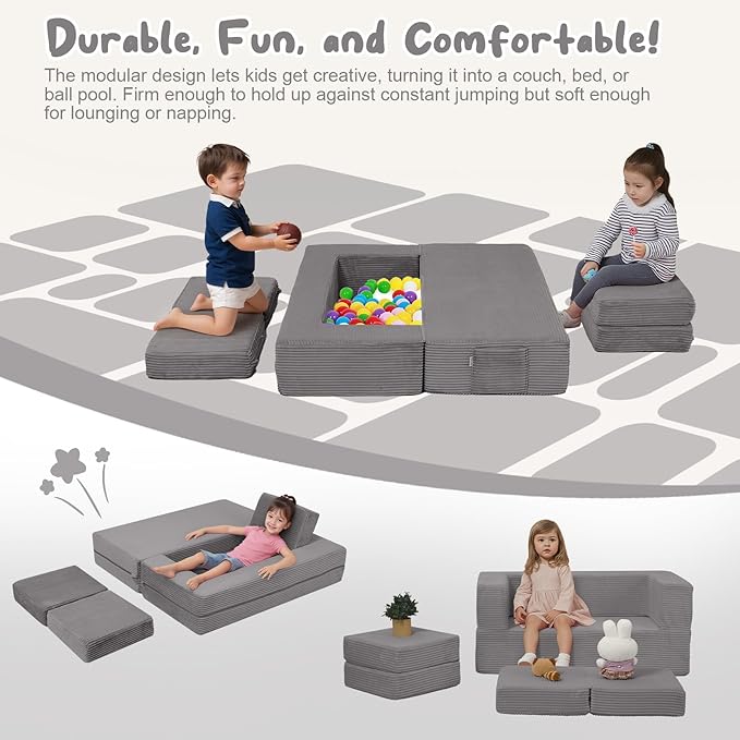 MeMoreCool Modular Kids Couch, Corduroy Play Toddler Couch for Bedroom Playroom Furniture, Convertible Foam Kids Sofa Bed, Fold Out Baby Sofa for Girl Boy, Light Grey