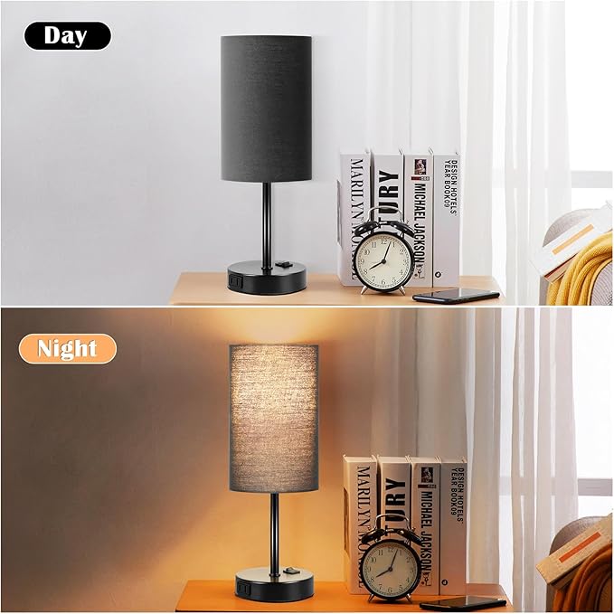 ZJOJO Table Lamp for Bedroom Set of 2, Bedside Small Lamps with 3 Way Dimmable Rocker Switch and AC Outlet, Nightstand Desk Lamp with Black Fabric Shade Black Base for Living Room Home Decor Lights