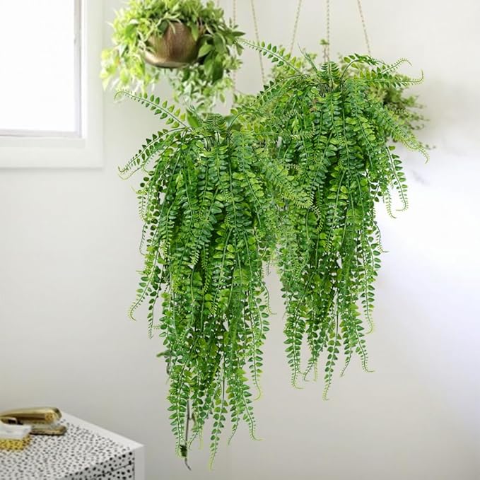 6 Pcs Artificial Hanging Ferns Plants Fake Hanging Plants Fake Ivy Boston Ferns Vine Outdoor Indoor Home Décor UV Resistant Plastic Plants (Green)