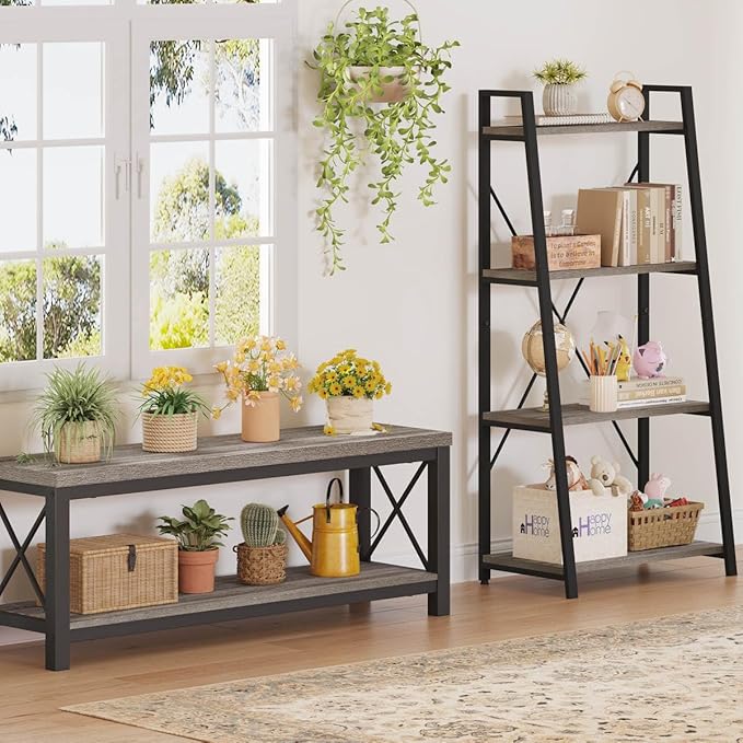 BON AUGURE Ladder Bookshelf, 4 Tier Ladder Shelf Bookcase, Wood Leaning Book Shelves for Living Room, Bedroom, Home Office Shelving Unit (Dark Grey Oak)