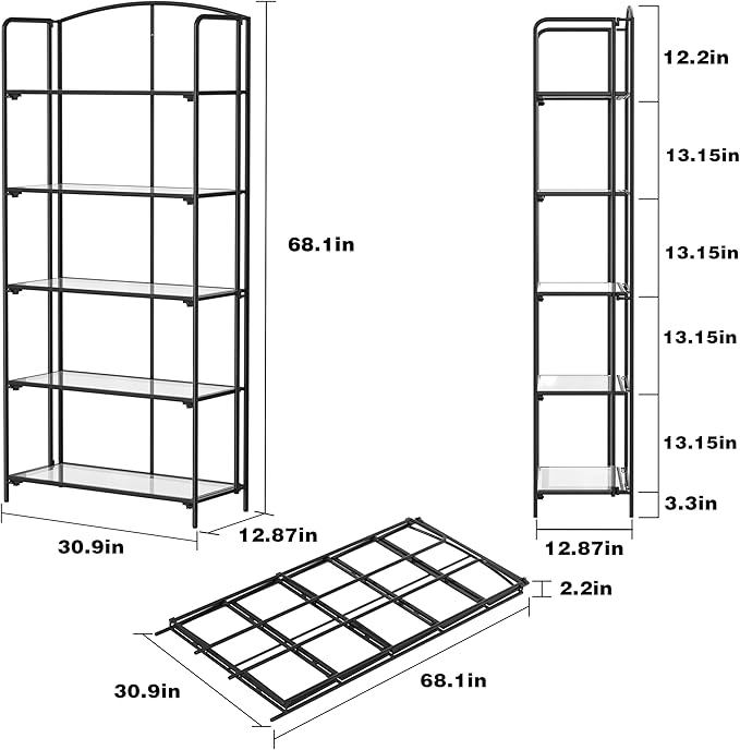 Crofy No Assembly Folding Bookshelf for Living Room, 5 Tier Black Collapsible Book Shelf for Home Office, Portable Bookcase Storage Organizer