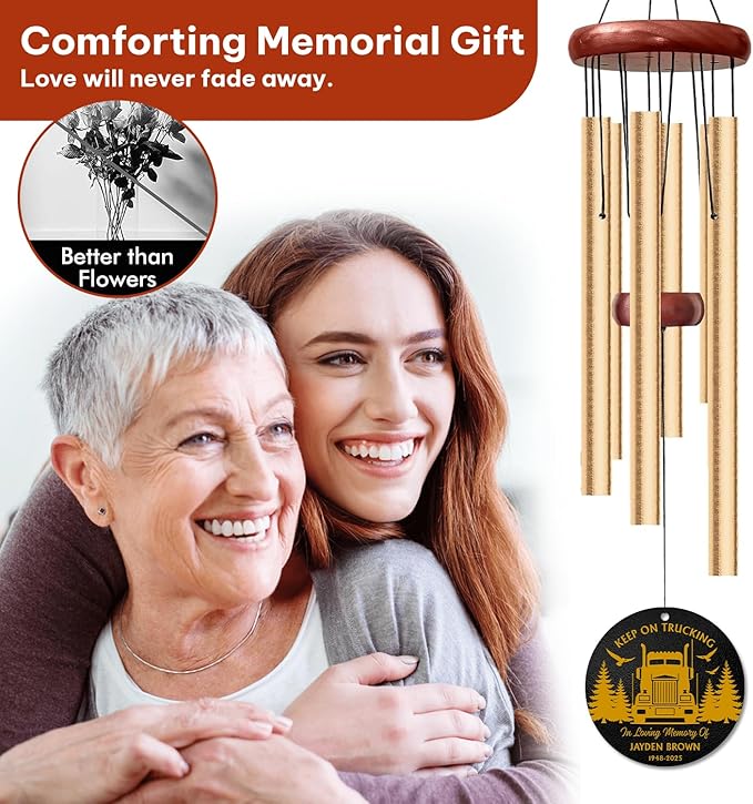 Personalized Trucker Memorial Wind Chime – “Keep On Trucking” Custom Name & Years – Outdoor Sympathy Gift for Truck Driver Families – Memorial Windchimes for Loss of Loved One – Remembrance Décor