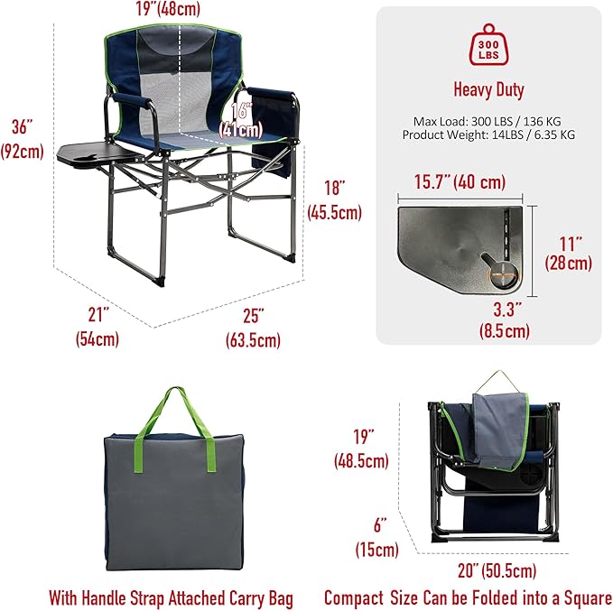 SUNNYFEEL Camping Directors Chair, Heavy Duty,Oversized Portable Folding Chair with Side Table, Pocket for Beach, Fishing,Trip,Picnic,Lawn,Concert Outdoor Foldable Camp Chairs