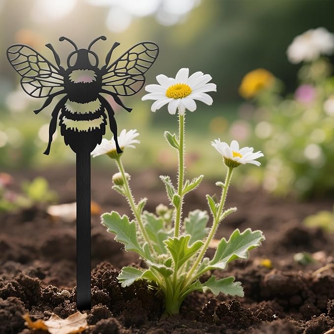 CUTHOLLOW Metal Plant Marker Stake Bee for Outdoor Indoor, Waterproof 11.8 inch Cute Garden Plant Labels Sign Tag for Vegetables, Farmhouse Greenhouse Decor - Funny Gardening Gifts