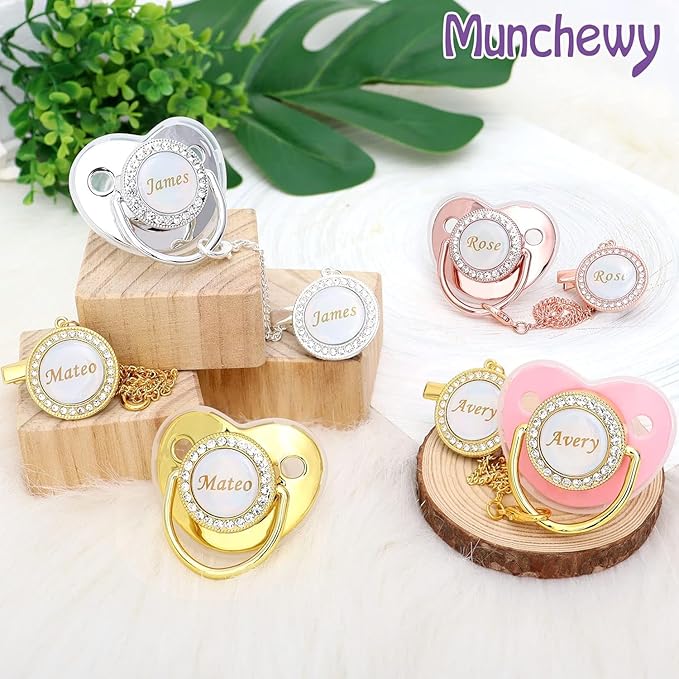 Personalized Pacifier with Name, Customized Pacifier Clip Set with Gift Box, Glitter Crystal Luxurious Soother Dummy Ideal Gift for Boys Girls Baby Shower(Gold)