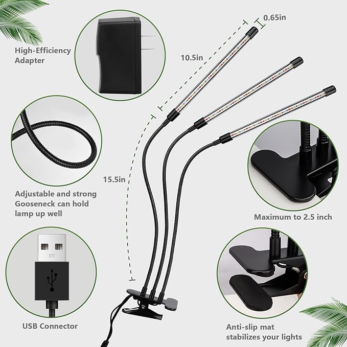 LED Grow Light, 3 Heads Full Spectrum Plant Light with Clamp for Indoor Plants & Seed Starting, 10-Level Dimmable, Auto On Off, Timing 4 9 12Hrs