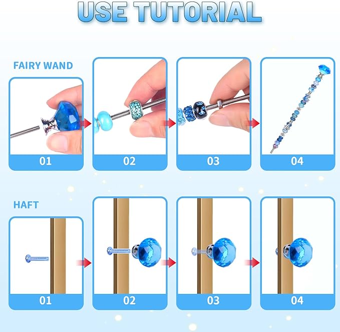 158 Pcs DIY Fairy Wand Garden Stakes Kit,Multiple Color Scheme European Beads Crystal Diamond Tops and 12 or 10 Inch Threaded Rods,Stainless Steel Stakes with Diamond Toppe(Aqua)